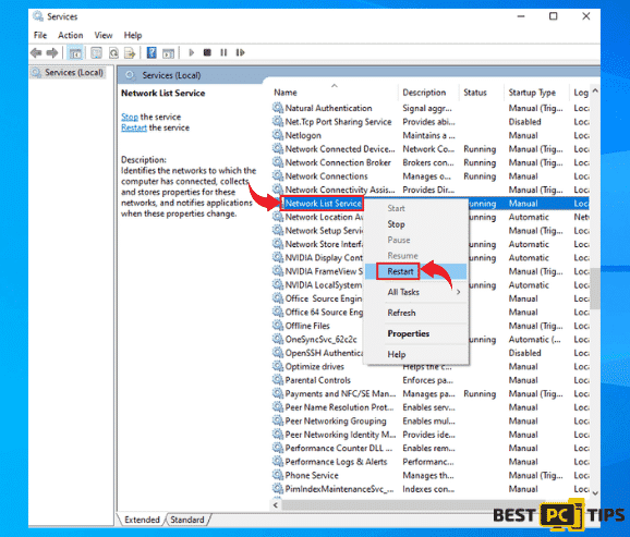 Restart the Network List Service