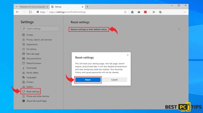 Resetting Microsoft Edge