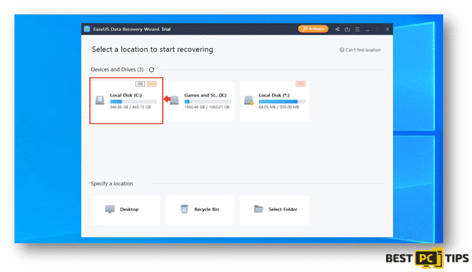 EaseUS Data Recovery Wizard Pro Selecting Drive to Scan