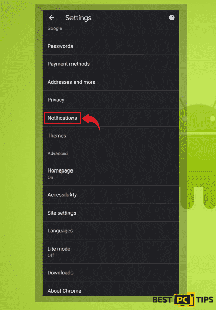 Android Chrome Notification Settings