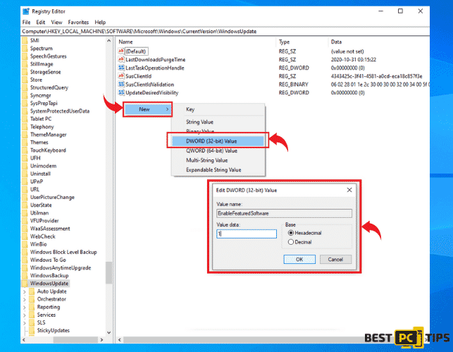 Creating the EnableFeaturedSoftware Entry in Registry Editor