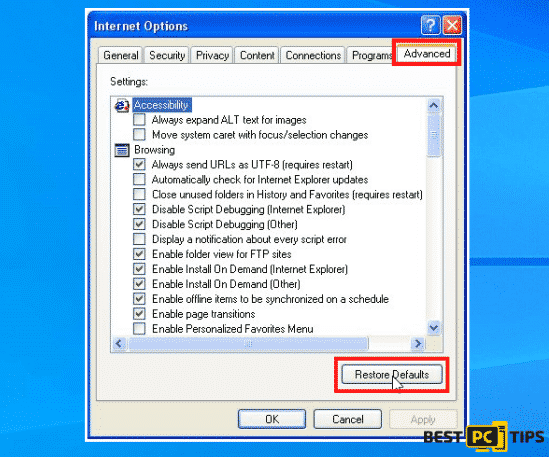 internet options default reset