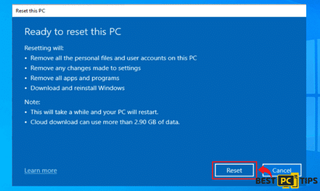 Confirming Windows Reset
