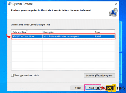 Selecting System Restore Point