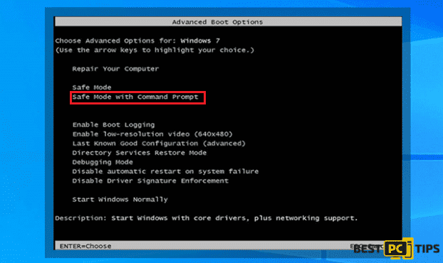 Select Safe Mode with Command Prompt