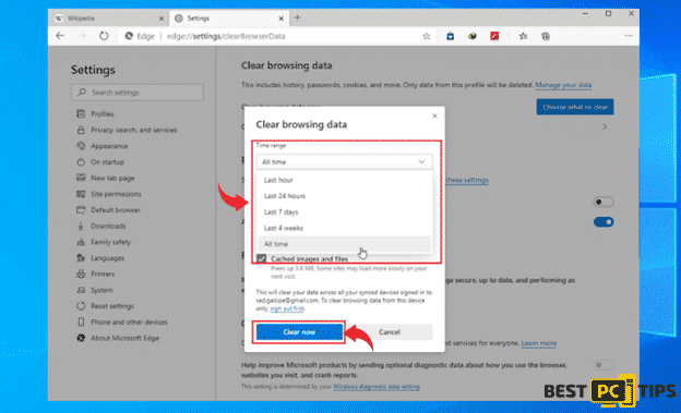 Clearing Browsing Data for MS Edge