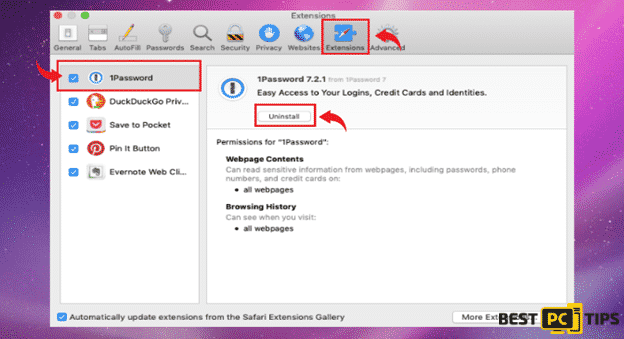 Uninstalling Extensions in Safari