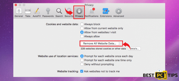 Removing All Website Data from Safari