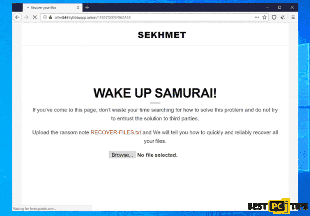 Sekhmet Ransomware Website Ridirection