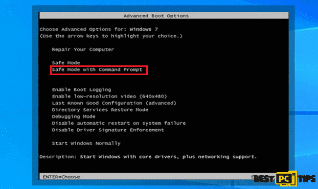 Select Safe Mode with Command Prompt