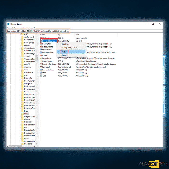 Registry Editor DependOnService Deletion