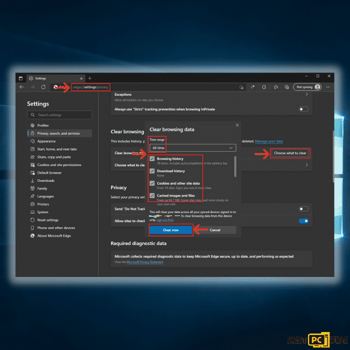 Search.webanalyst.guru Edge Clear Browsing Data