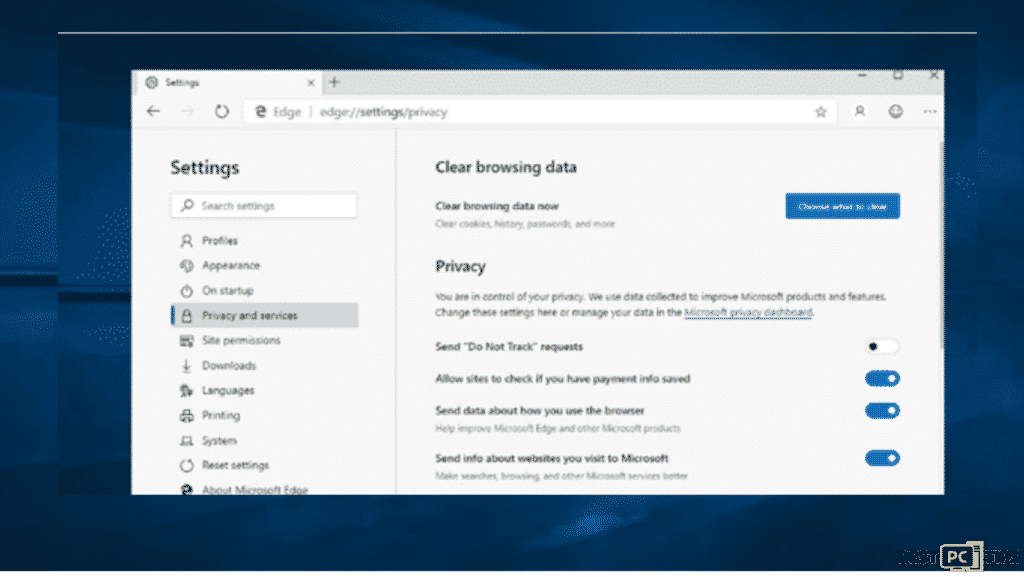 privacy and services settings on Edge