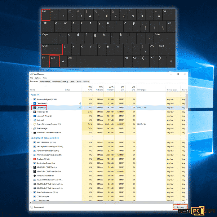 Ending Cortana Process in Task Manager