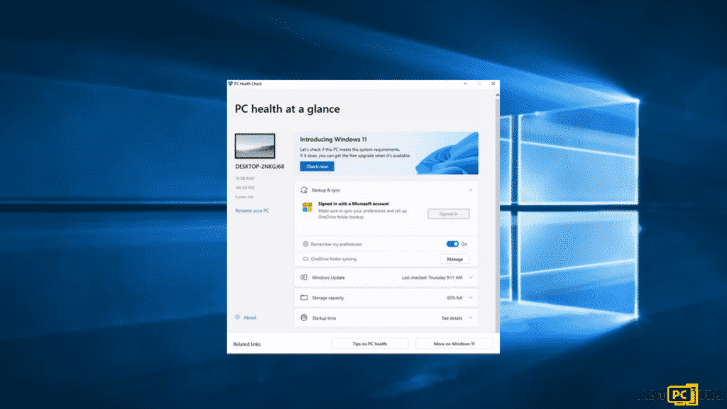 PC health at a glance- check if PC can work on windows 11