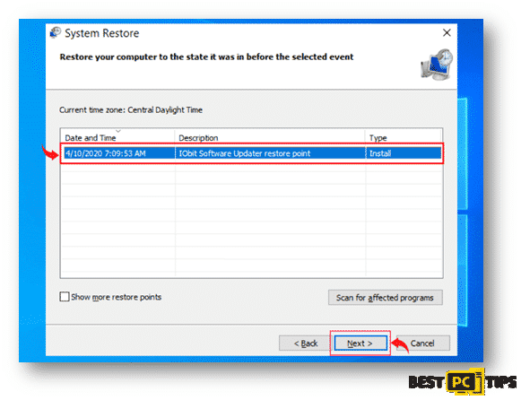 Selecting System Restore Date