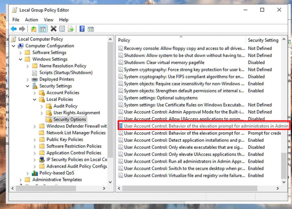 Locate and double-click "User Account Control- Behavior of the elevation prompt for administrators in Admin Approval Mode